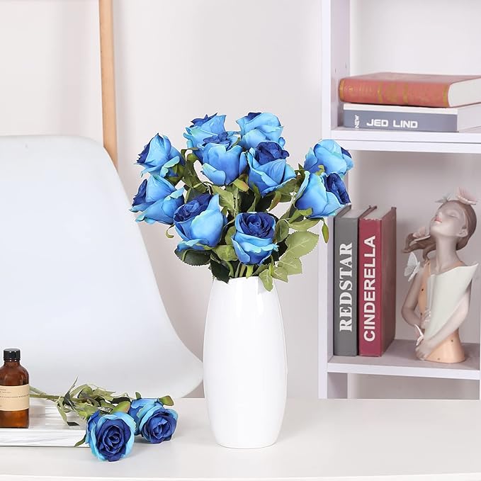 Nubry Artificial Silk Rose Flower Single Stem Lifelike Vintage Fake Rose for Wedding Bouquet Floral Arrangements Home Party Centerpiece Decoration, 10pcs (Vintage Royal Blue)