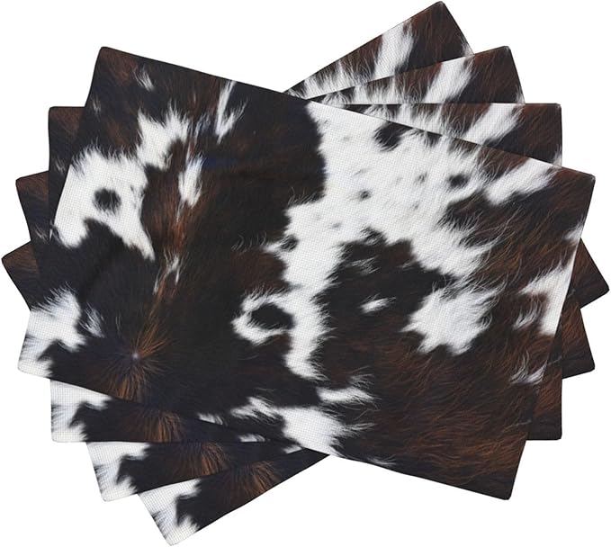 Vintage Cowhide Animal Placemats, Natural Rustic Farm Vintage Cow Animal Fur Texture Print Washable Fabric Placemats Table Kitchen Dining Party 12x18 Inch Set of 4