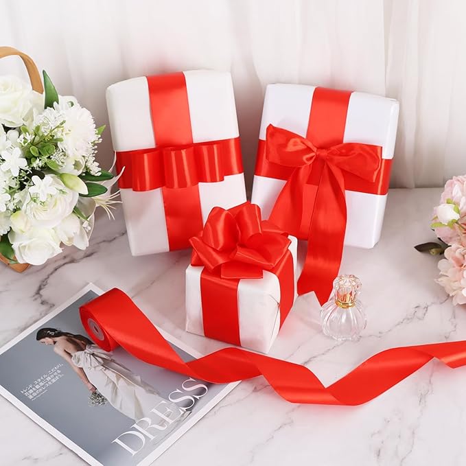 TONIFUL 100 Yards Red Ribbon 1-1/2 Inch Satin Ribbon for Gift Wrapping Bouquet Wrapping Eternal Flower Making and Wedding Chair Sash Valentine's Day Christmas Decorations Hair Bows Crafts & Sewing
