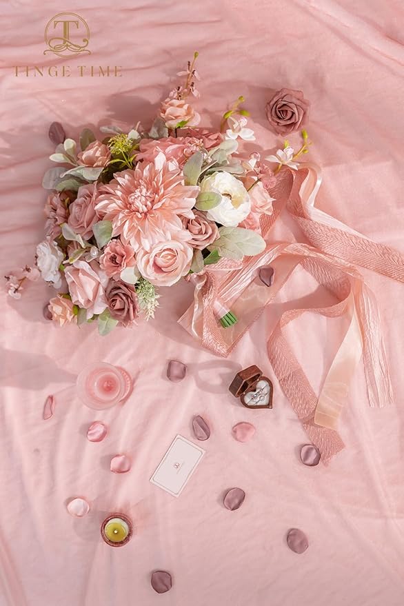 TINGE TIME 13 Inch Wedding Bouquets for Bride,Bridal Bouquet for Bride, Artificial Silk Flowers for Wedding Ceremony and Anniversary (Dusty Rose & Cream)