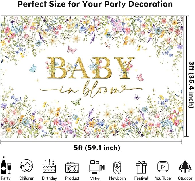 Sensfun Baby in Bloom Backdrop Wildflower Baby Shower Decorations Baby Girl's Watercolor Blossom Floral Butterfly Garden Baby Shower Photography Background Cake Table Banner Party Supplies 5x3ft