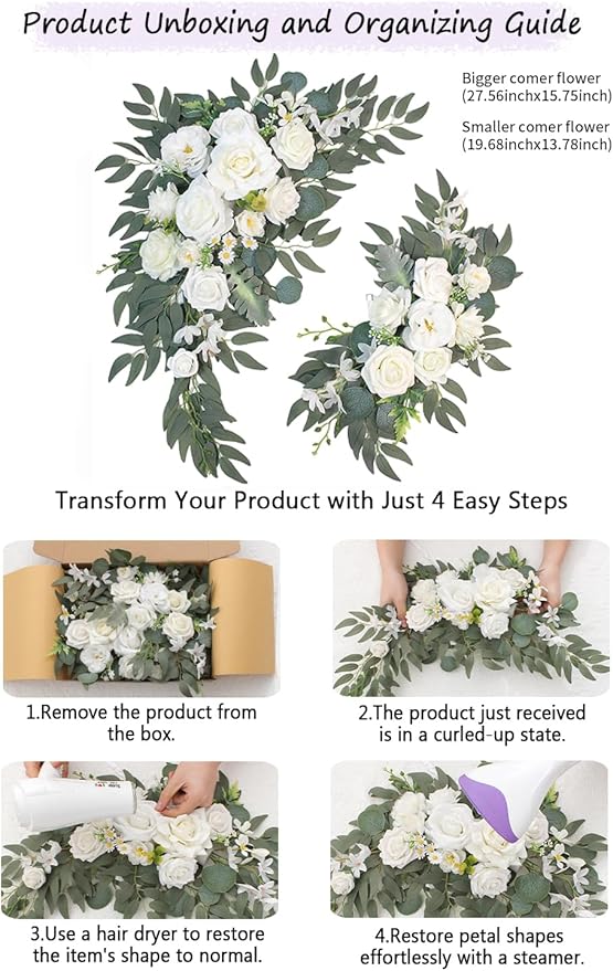 Wedding Arch Faux Flowers Set of 2, Welcome Sign Floral Decoration and Wedding Signs for Ceremony Reception Table Home Decoration (2ps White)