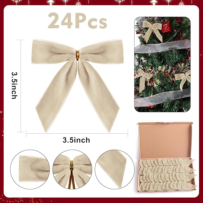 24 Pcs Champagne Small Velvet Christmas Bows for Christmas Tree, Wreath, Gift Wrapping, Crafts, Wedding, Party, Twist Tie Bows for Treat Bag Bakery Candy Bags, Home Decor 1" W,3.5 x 3.5 inch