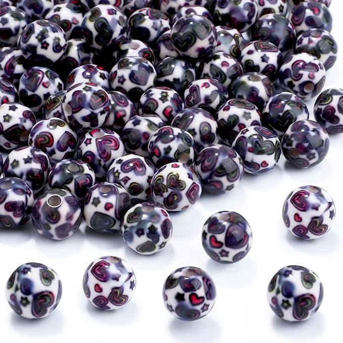 100 PCS 10mm Resin Beads Bulk for Bracelet Making Kit, Heart Printed Round Loose Beads for Jewelry Earring Necklace Rings Art Craft DIY Projects