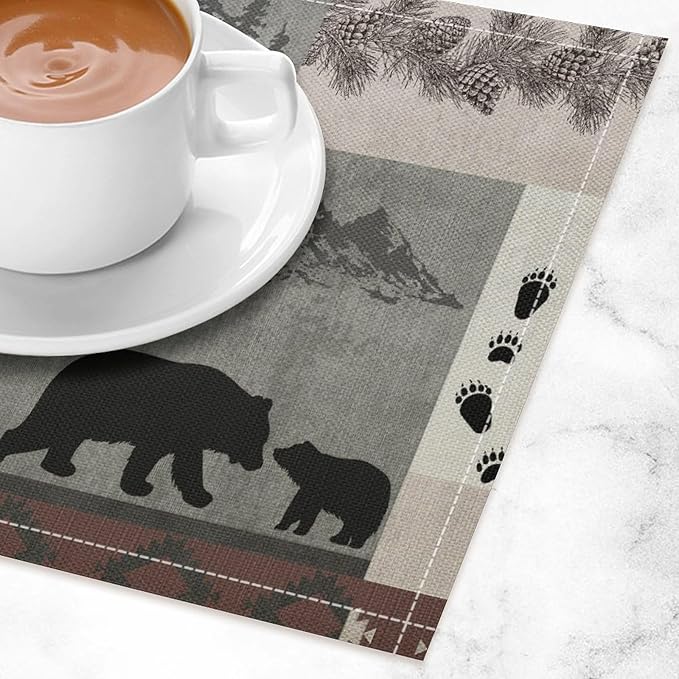 Retro Rustic Lodge Bears Placemats Set of 6, Vintage Cabin Pine Tree Farmhouse Country Style Place Mats, Heat Resistant Non Slip Cotton Linen Dining Table Mats for Home Kitchen 18x12 Inch