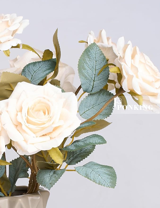3.1"(8cm) Manta Rose Artificial Flower 7pcs Realistic Faux Silk Roses Fake Flowers Bouquets Arrangements Decor for Wedding Spring Mother's Day, Home Table Decorations, Beige Flower