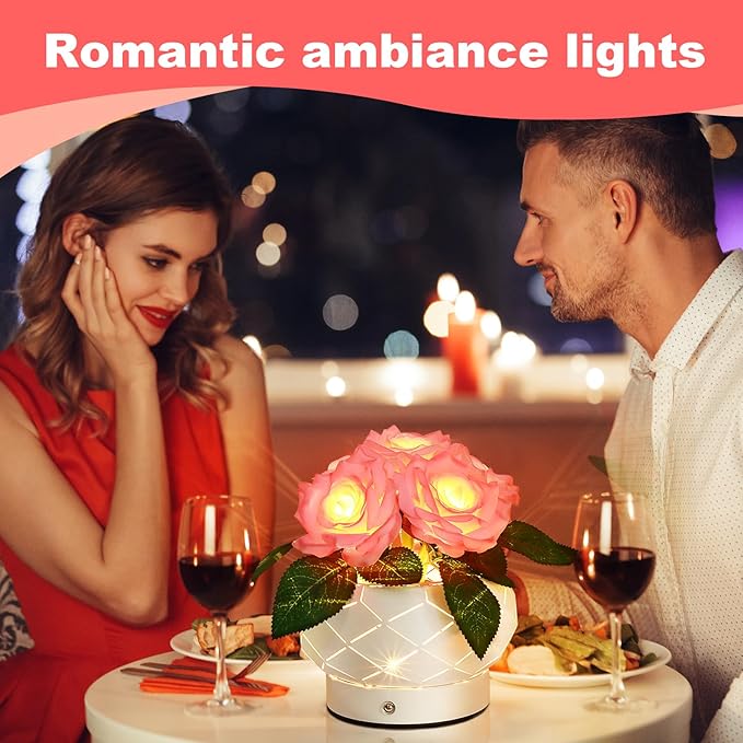 Roses Flower Touch Table Lamp,Rechargeable Cordless 3-Colour Dimming Small Night Light for Festival Housewarming Home Decor Birthday Gifts for Bedroom, Living Room Dining Room