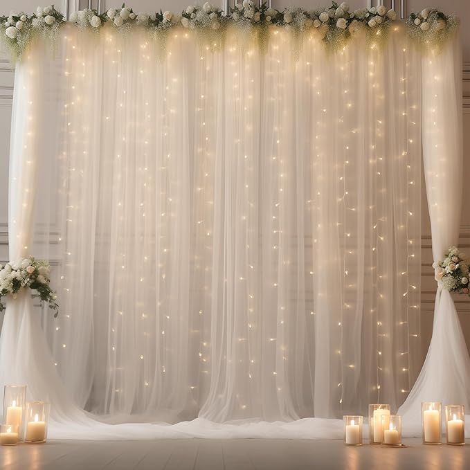 30ft x 10ft White Backdrop Curtain with Lights for Parties, Sheer Wedding Photo Backgrounds Tulle Drapes for Baby Shower Birthday Party Decorations Backdrop for Photography