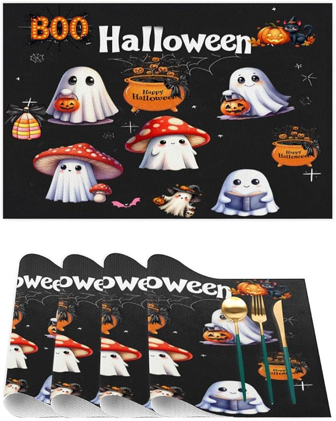 Halloween Ghosts Pumpkin Cute Placemats Set of 4 PVC Vinyl Non Slip Table Mats Heat Resistant Place Mats Washable Wipeable Dining Table Mat for Kitchen Decor Party Indoor Outdoor Decorative Gift