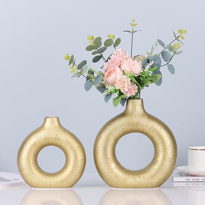 Gold Vase Decor Donut Vase Set of 2 - Circle Hollow Vases, Modern Matte Ceramic Vases for Entryway Living Room Bedroom Dining Table Centerpiece Office Home Decor