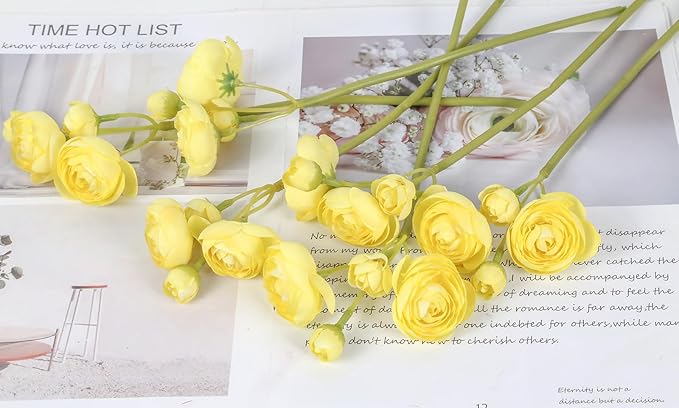 IPOPU Artificial Ranunculus 2 Bouquets Small Yellow Artificial Flowers 12PCS Faux Ranunculus Flowers for Vase Filler Bouquet Wedding Decor Bridal Shower Floral Filler Flowers Centerpieces (Yellow)