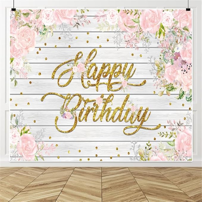 Rustic Wood Flower Happy Birthday Backdrops, 10x8ft, Pink Floral Birthday Photography Backgrounds Sign Banner Party Decorations for Girl Women