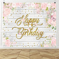 Rustic Wood Flower Happy Birthday Backdrops, 10x8ft, Pink Floral Birthday Photography Backgrounds Sign Banner Party Decorations for Girl Women