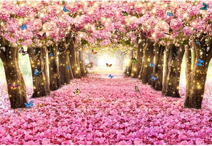 Renaiss 10x8ft Pink Cherry Blossom Backdrop Fairy Tale Romantic Pink Flowers Tree Butterfly Floral Petal Falling Boulevard Photography Background for Wedding Newborn Party Decor Photo Props