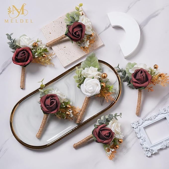 Meldel Boutonniere for Men Wedding,Set of 6,Groom and Groomsman Boutonniere for Wedding,Greenery Rose Corsage for Men Ceremony Anniversary Party Prom Homecoming,Burgundy White
