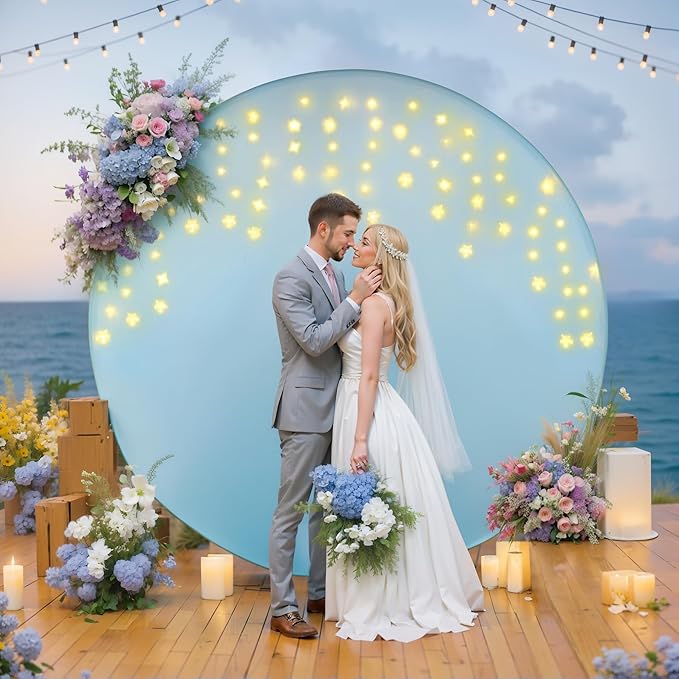6.6 FT Baby Blue Round Backdrop Cover with Lights String for Circle Arch Stand, Circle Backdrop Covers with LED Fairy Lights for Wedding Baby Shower Boy Birthday Party Photo Shoot Background