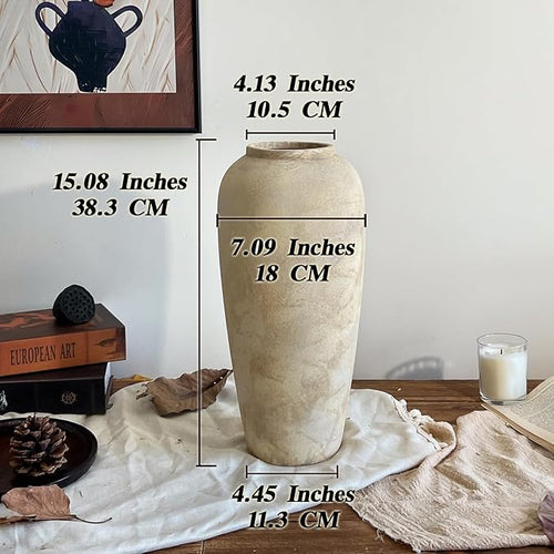 15 Inch Farmhouse Decor Ceramic Rustic Vase,Beige Handmade Flower Vases for Centerpieces,Pottery Vase for Living Room,Kitchen & Bedroom Decor,Vintage Ceramic Vases for Wedding