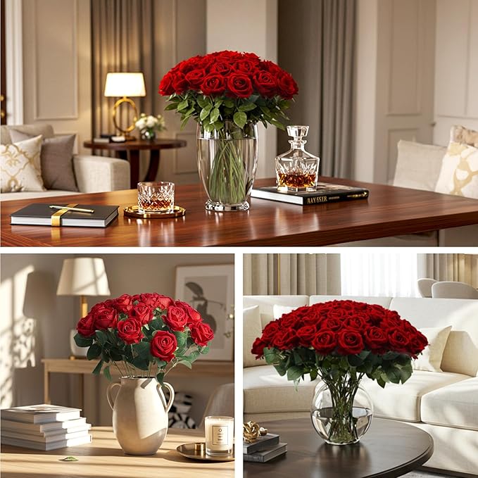 Auihiay 60Pcs Red Roses Artificial Flowers, Velvet Silk Faux Roses, Realistic Red Flowers for Wedding Centerpieces, Cake, Bridal Bouquets, Home Decor, Anniversary, Valentine's Day Decorations