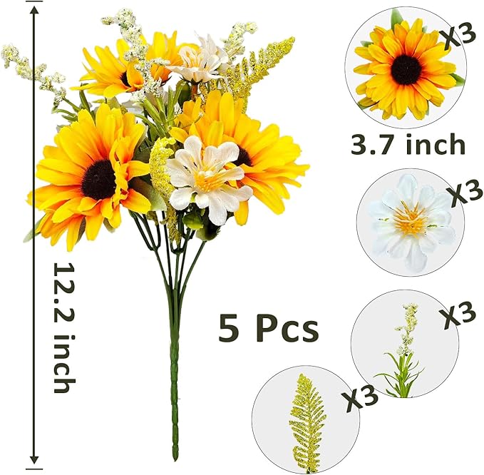 5 Bunches Artificial Sunflowers Bouquets, Fake Silk Sunflower with Faux Daisy Wildflowers Plants for Home Decor Indoor Floral Arrangements Table Centerpiece Bridal Wedding Decor (Orange)