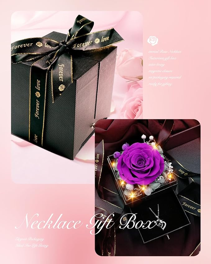 Birthday Gifts for Women, Preserved Real Roses with Heart Necklace I Love You in 100 Languages, Romantic Anniversary Wedding Gifts for Women Her Girlfriend Wife, Forever Roses Necklace Gift Box Purple