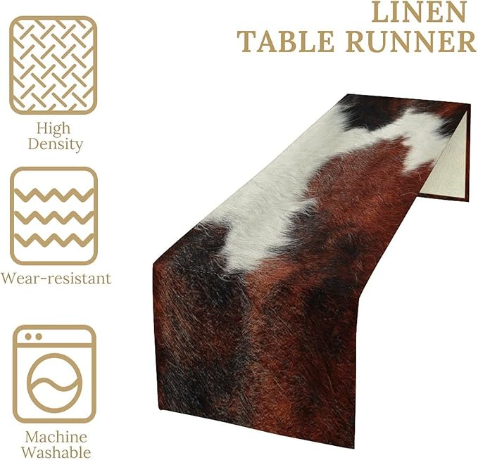 Cow Skin Print Table Runner, Rustic Country Farmhouse Animal Fur Skin Western Farm Black Brown Cowhide Print Dinner Runner Table Decoration for Home Kitchen Dining 13x90in