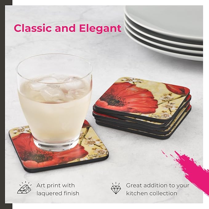 Pimpernel Red Poppy Blossoms Coasters, Set of 4 (4" x 4") – Cork-Backed Board with Bright Floral Artwork, Heat & Stain Resistant Drink Mats for Dining, Coffee Tables & Home Decoration