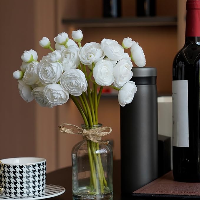 Ranunculus Artificial Flowers with Vase, 8 Pcs Faux Silk Ranunculus Flower in Vase, Small Flower Arrangements for Home Decor Indoor, Table Centerpiece. (White)