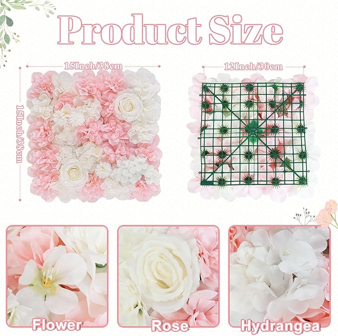 FOTSHARER Pink Flower Wall Backdrop 15''x15'' Floral Rose Wall Panels 12 Pack Artificial Flower Wall Wedding Flower Backdrop Wall 3D Flower Wall Panels for Backdrop Birthday Party Bridal Showers Decor