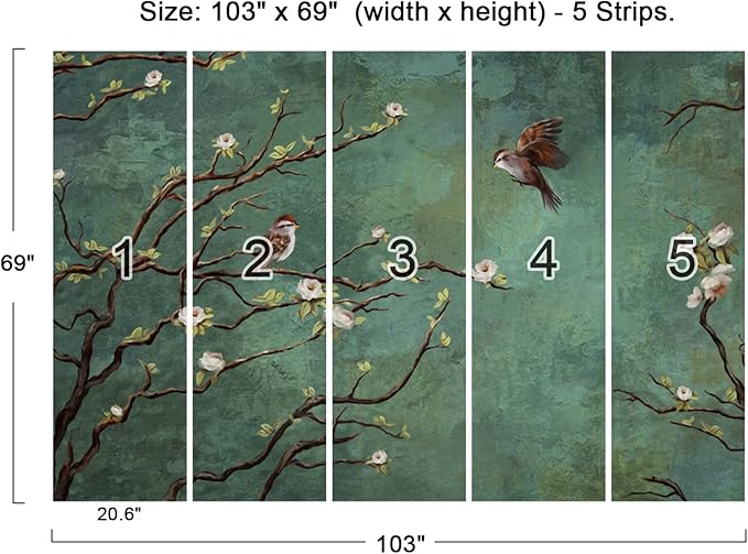 Wall Mural - 3D Wallpaper Decoration with Flowers and Birds - 103" x 69" (Not Self-Adhesive)
