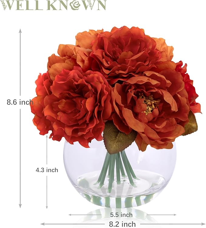 Artificial Flowers in Vase, Silk Peonies Flowers for Vase with Faux Water, Burnt Orange Fake Flower Arrangement for Fall Winter Dinning Wedding Christmas Party Table Centerpieces Decor & Mom's Gift