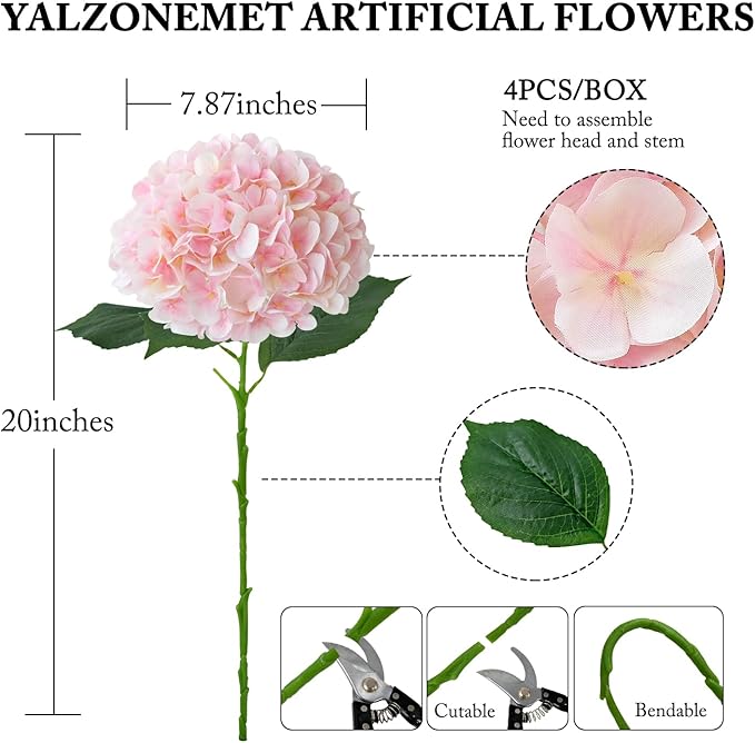 YalzoneMet 4Pcs Light Pink Silk Hydrangea Artificial Flower Big Blooms 20'' Long Stem Faux Hydrangea for Home Baby Shower Party Indoor Outdoor Wedding Table Centerpiece Spring Flower Decor