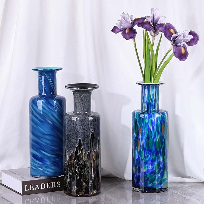 Hand Blown Glass Vase Cobalt Blue Swirl – Murano Style Art Glass Vase with Wide Mouth for Flowers, Unique Bubble Vase, Coastal Blue Glass Decor for Dining Table, Living Room, Entryway Accent (Blue)