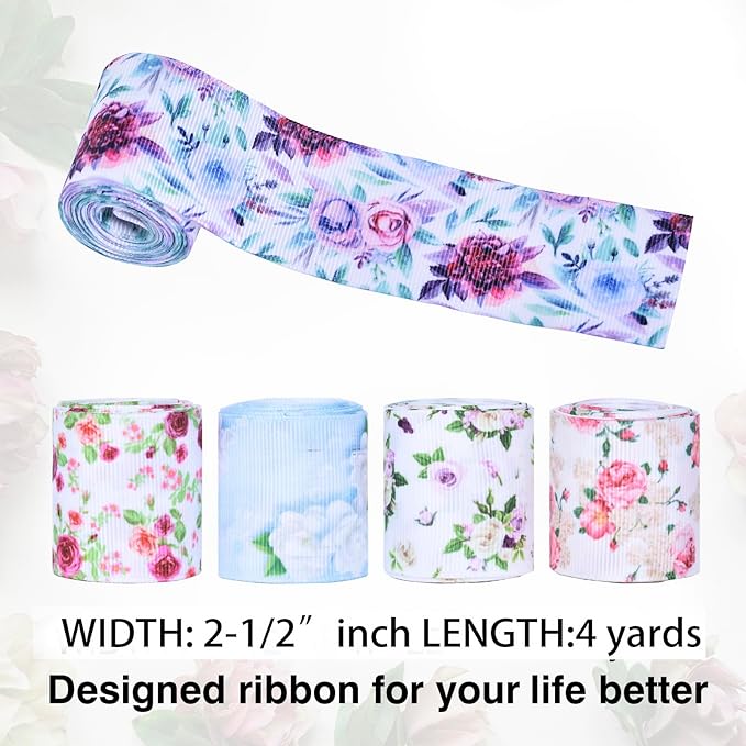 Floral Grosgrain Ribbon, 5 Rolls Flower Pattern Ribbon Spring Summer Fabric Decorative Craft Ribbon Roll for Gift Wrapping Decor Hair Bow Sewing Wreath Crafts (Mixed Color, 2.5Inch X 20Yards)