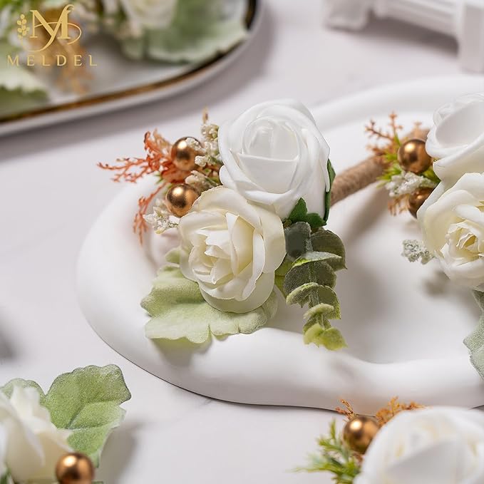 Meldel White Boutonniere for Men Wedding,Set of 6,Groom and Groomsman Boutonniere for Wedding,Greenery Rose Corsage for Men Ceremony Anniversary Party Prom Homecoming