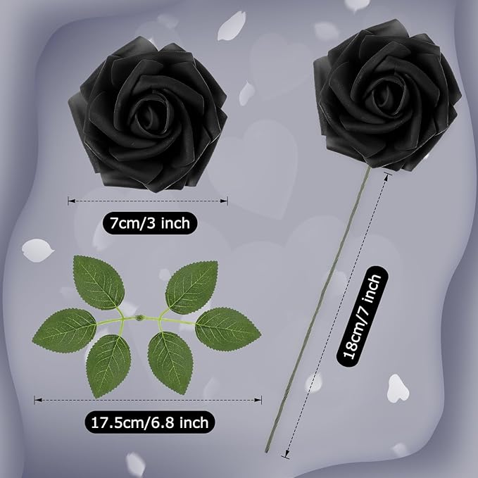 100 Pieces Artificial Foam Rose Flowers Faux Bouquet with Leaves and Stems for DIY Wedding Bouquets Centerpieces Bridal Shower Party Valentine Home Decorations(Black)