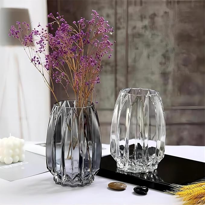 Flower Vase,7.8 inch,GIDARY Thickened Clear Ribbed Glass Vase for Bookshelf,Dinner Table,Indoor Office Desktop,Meeting Room,Home Christmas Day Decoration