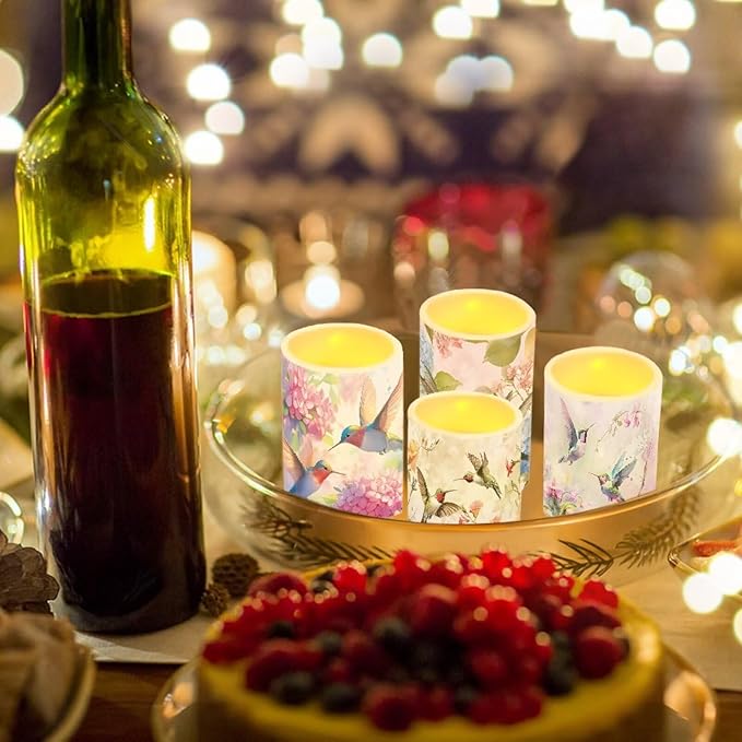 Vintage Flower Hummingbird Flameless Candles Battery Powered LED Pillar Candles Tealights with Remote Timer Color Changing Control for Home Decor Set of 4