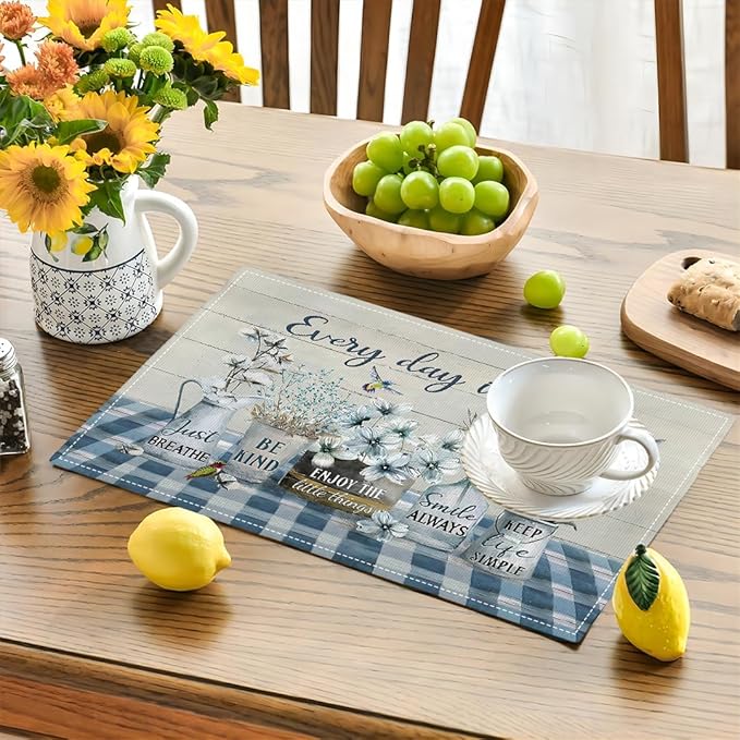 Farmhouse Spring Flower Placemats Set of 4 Every Day is A Gift Rustic Floral Double-Sided Table Mats for Dining Room Home Party Indoor 4 PCS 12x18 Inch
