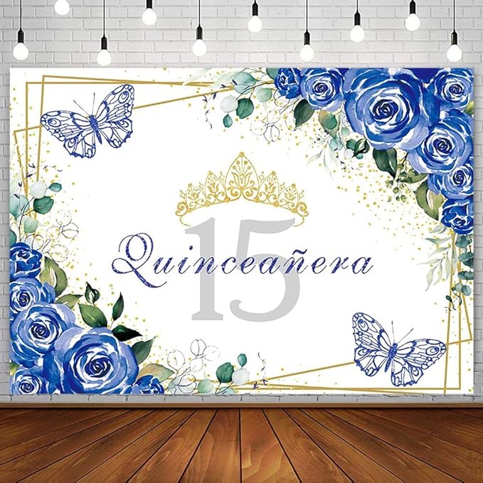 SENDY 10x7ft Quinceañera Backdrop Mis Quince 15 Anos Birthday Party Decoration Supplies for Girl Princess Royal Blue Floral Butterfly Gold Crown Photography Background Banner Photo Booth Studio Props