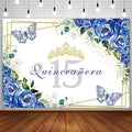 SENDY 10x7ft Quinceañera Backdrop Mis Quince 15 Anos Birthday Party Decoration Supplies for Girl Princess Royal Blue Floral Butterfly Gold Crown Photography Background Banner Photo Booth Studio Props