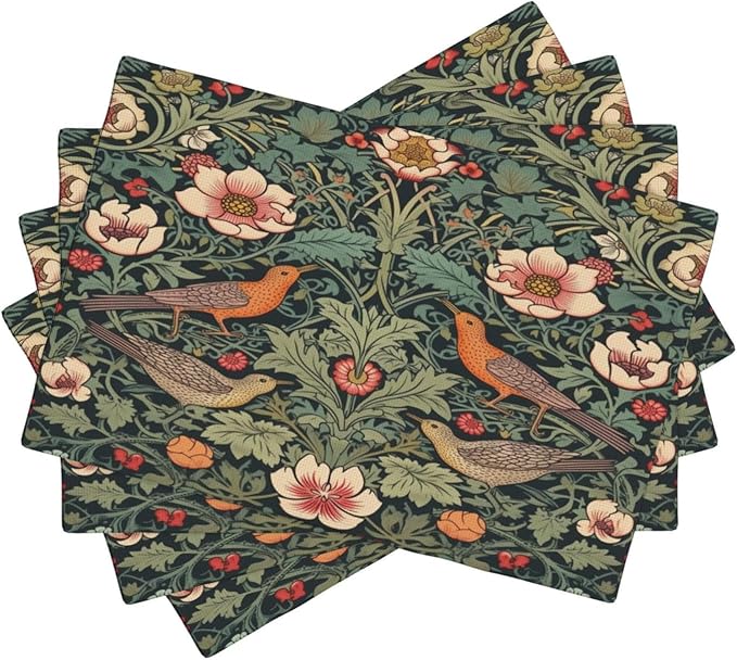 William Morris Placemats, Vintage Rustic Natural Green Plant Flower Strawberry Birdie Print Washable Fabric Placemats Table Kitchen Dining Party 12x18 Inch Set of 4