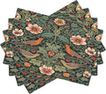 William Morris Placemats, Vintage Rustic Natural Green Plant Flower Strawberry Birdie Print Washable Fabric Placemats Table Kitchen Dining Party 12x18 Inch Set of 6
