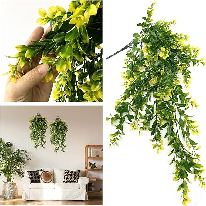 PASYOU Fake Hanging Vines, Artificial Plants Plastic Leaves Faux Vine Greenery Ivy Plant for Indoor Outdoor Garden Office Bathroom Decor Wedding Party Christmas Baskets DIY Decoration Yellow 2 Pack