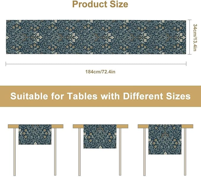 Vintage William Morris Table Runner, Rustic Country Farmhouse Blue Botanical Floral Boho Table Runner for Kitchen Dining Home Party Wedding, 13x108 Inch