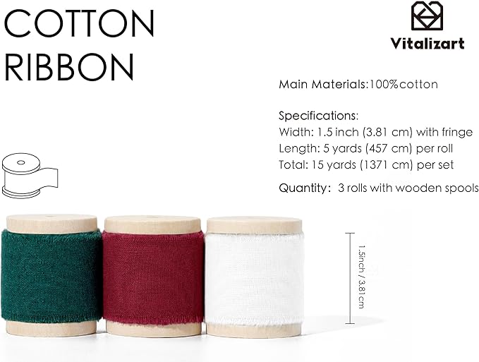 Vitalizart Christmas Ribbon 1-1/2" x 15 Yd 100% Cotton Handmade Frayed Fringe Fabric Ribbons for Gift Wrapping Wedding Invites Bridal Shower Bouquets Christmas Decorations