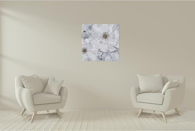 SYGALLERIER White and Gray Flower Blooms Wall Art - Handcrafted Floral Canvas with Gold Foil Embellishments Modern Flower Wall Decor for Livingroom Bedroom Bathroom 40X40