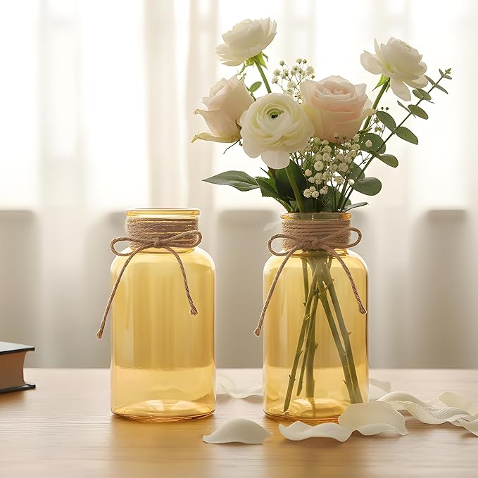 Vintage Glass Flower Vase，12 Pack Gold Amber Farmhouse Glass Centerpiece Vases Mason Jars for Weddings, Parties & Home Decor Bulk (12, Gold)