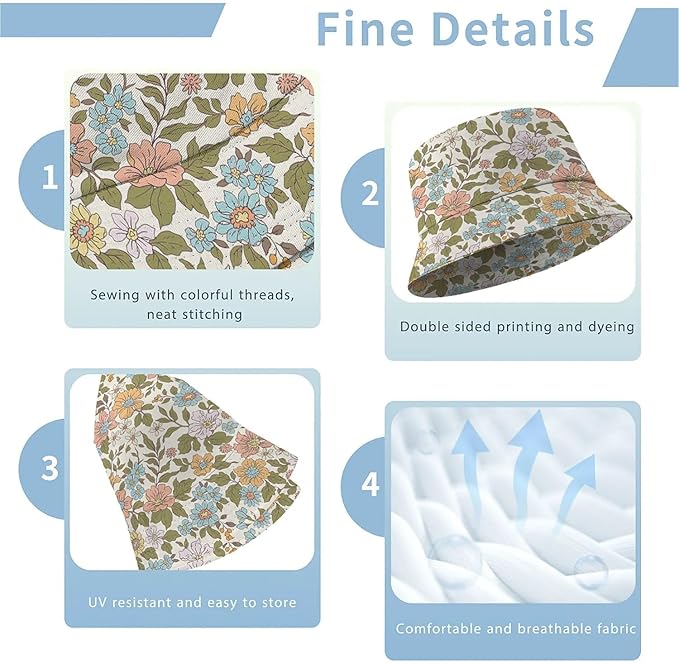 Wildflowers Floral Bucket Hat for Men Women, Summer Vacation Outdoor Travel Reversible Double Side Beach Caps Fisherman Hat