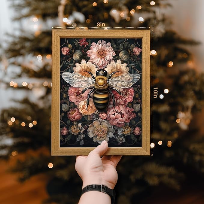 LLEEMPI William Morris Wall Art, Vintage Bee Floral Wall Decor, Insect Flower Canvas Painting, Abstract Nature Botanical Poster Print for Living Room Bedroom Kid Room Hallway Wood Framed 8x10 inch