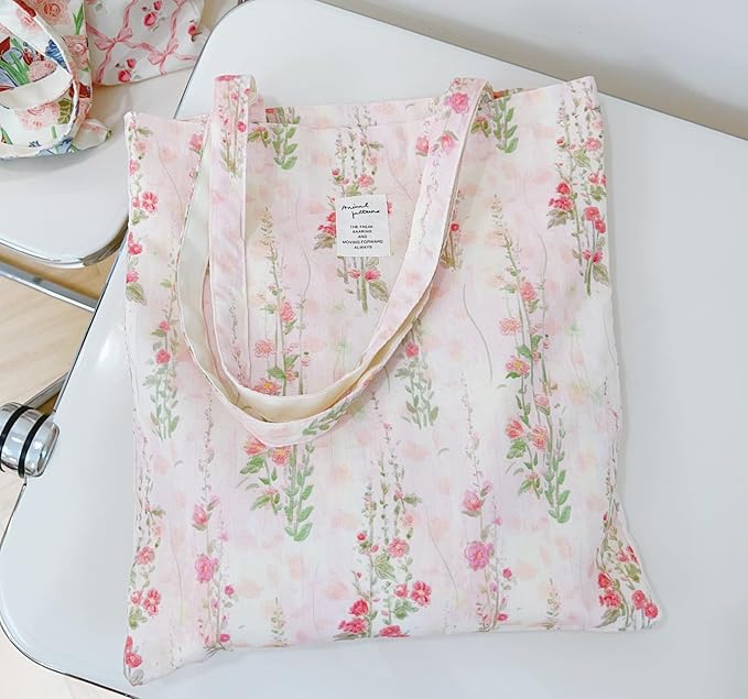 Cotton Canvas Tote Bag Reusable Soft Grocery Cloth Bag Floral Shoulder Bag for Beach Travel Shopping